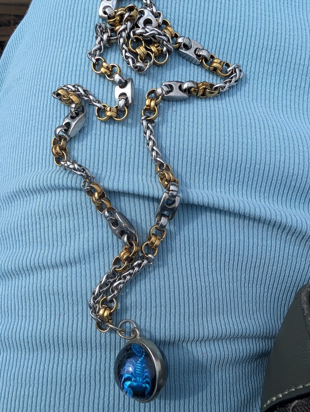 Blue Glass Pendant Two-Tone Chain Necklace - Women Jewelry